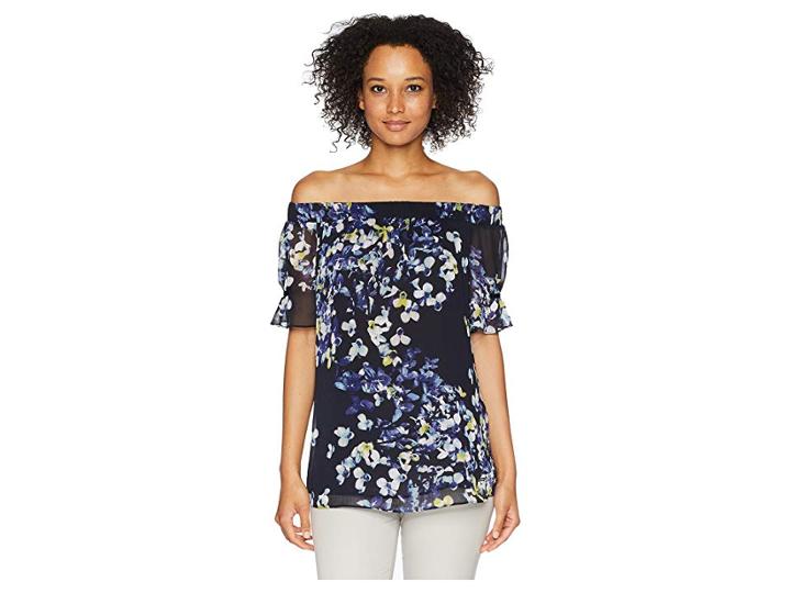 Ellen Tracy Off The Shoulder Blouse W/ Gathered Sleeves (trellis Blossom/ink) Women's Blouse
