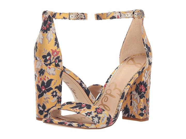 Sam Edelman Yaro Ankle Strap Sandal Heel (tuscan Yellow Multi Gatsby Floral Jacquard) Women's Dress Sandals