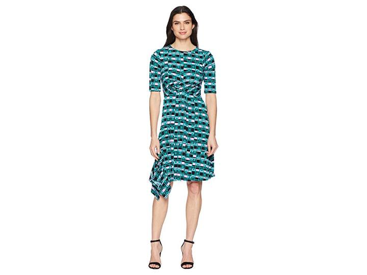 Donna Morgan 3/4 Sleeve Printed Jersey With Waist Gathering (jade/lavender Multi) Women's Dress
