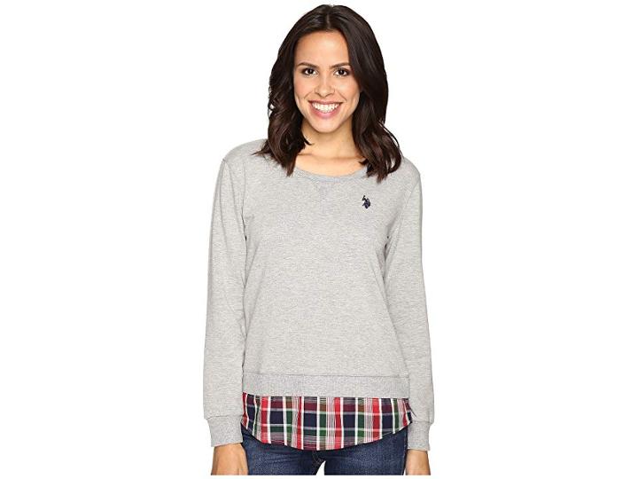 U.s. Polo Assn. Crew Neck Sweater Twofer Shirt With Plaid Hem (heather Grey) Women's Sweater