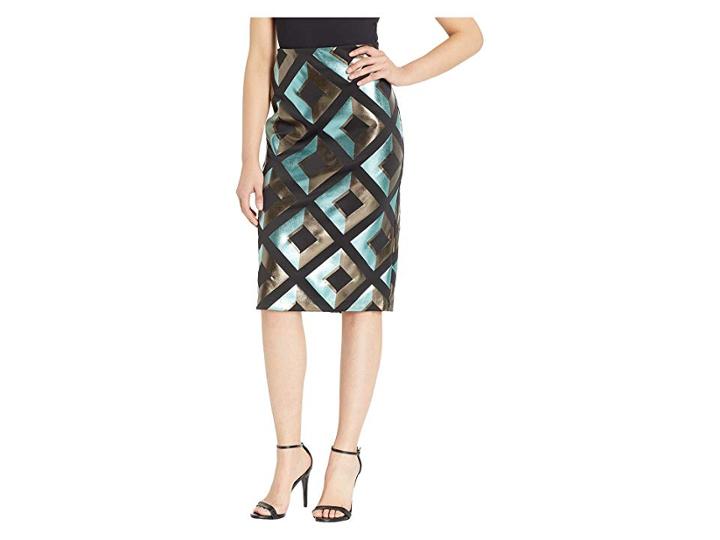 Eci Geometric Foil Printed Scuba Skirt (black/teal) Women's Skirt