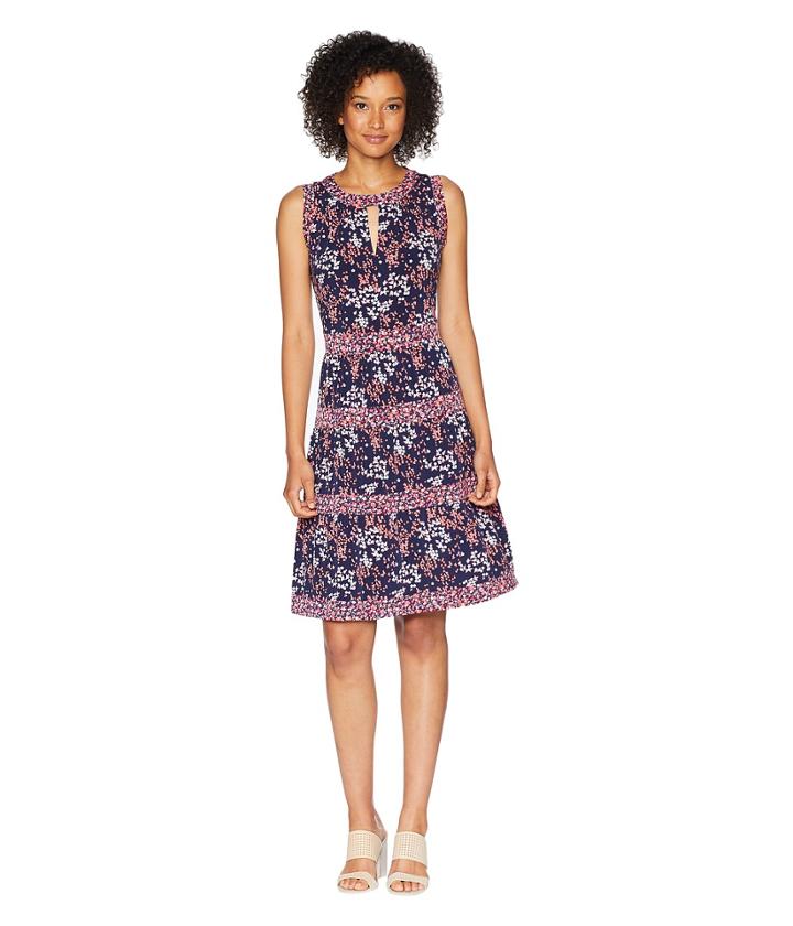 Michael Michael Kors Blooms Border Tier Dress (true Navy/bright Blush) Women's Dress