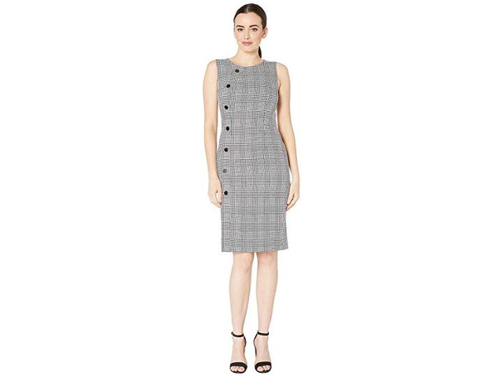 Tahari By Asl Sleevless Plaid Sheath Dress With Side Button Detail (black/ivory) Women's Clothing