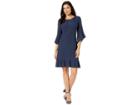 London Times Pleated Neck Sheath W/ Ruffle Hem (navy) Women's Dress