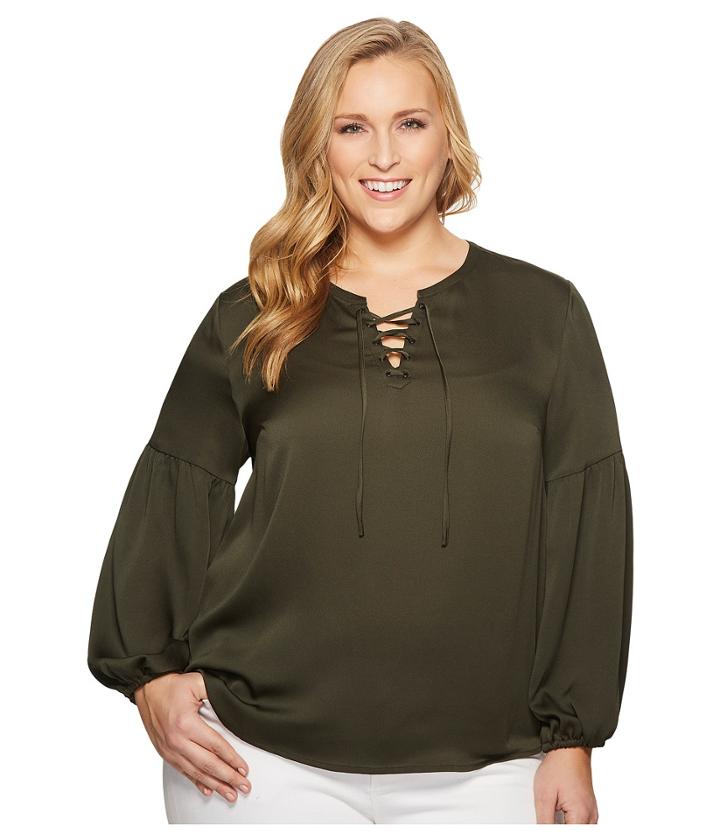 Vince Camuto Specialty Size Plus Size Lace-up Bubble Sleeve Hammer Satin Blouse (rich Olive) Women's Blouse