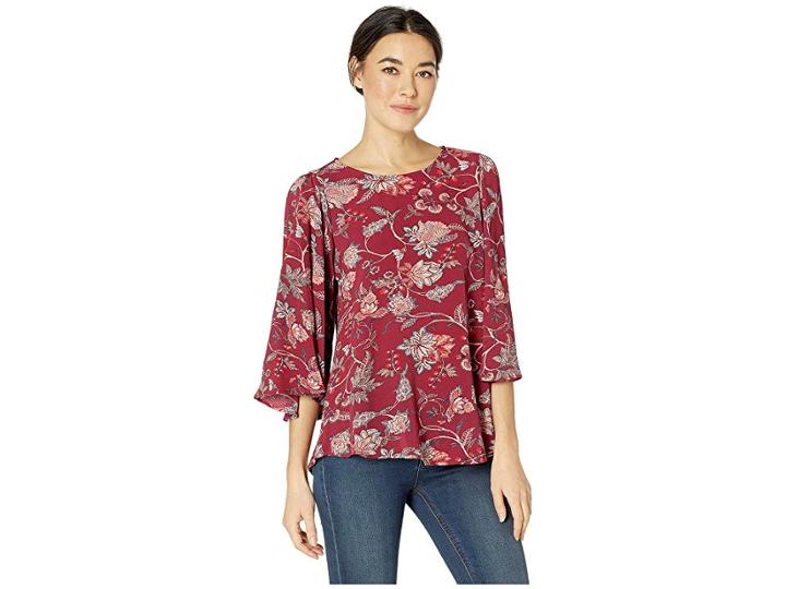 Bobeau Kendra Scoop Neck Drapey Top (burgundy/red Floral) Women's Blouse
