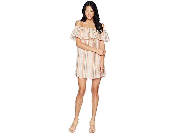 Bishop + Young Sunset Stripe Off The Shoulder Dress (orange White Stripe) Women's Dress