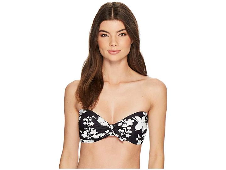 Michael Michael Kors Floral Vine Tie Front Bandeau Bikini Top W/ Molded Cups Removable Strap (black) Women's Swimwear