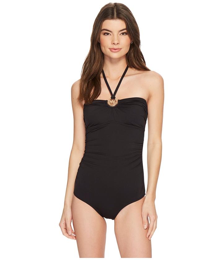 Michael Michael Kors Iconic Solids Logo Ring Shirred One-piece Swimsuit W/ Removable Soft Cups Strap (black) Women's Swimsuits One Piece