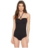 Michael Michael Kors Iconic Solids Logo Ring Shirred One-piece Swimsuit W/ Removable Soft Cups Strap (black) Women's Swimsuits One Piece
