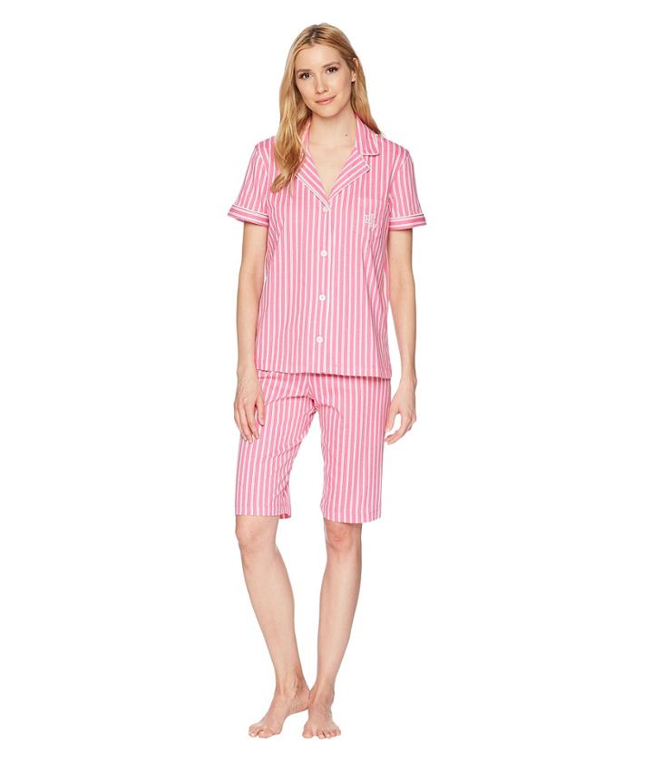 Lauren Ralph Lauren Short Sleeve Notch Collar Bermuda Shorts Pj Set (hot Pink Stripe) Women's Pajama Sets