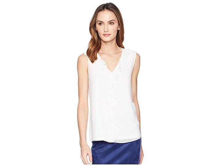 Calvin Klein Sleeveless W/ Ruffle Front Top (soft White) Women's Clothing