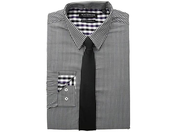 Nick Graham Mini Gingham Stretch Dress Shirt With Solid Herringbone Tie (black) Men's Long Sleeve Button Up
