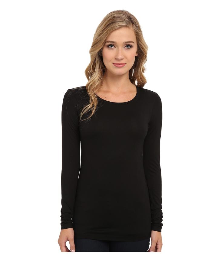 Three Dots Lightweight Viscose L/s Open Crew Neck (black) Women's Clothing