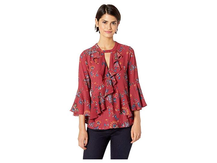 Miss Me Keyhole Bell Sleeve Top (red Wine) Women's Clothing