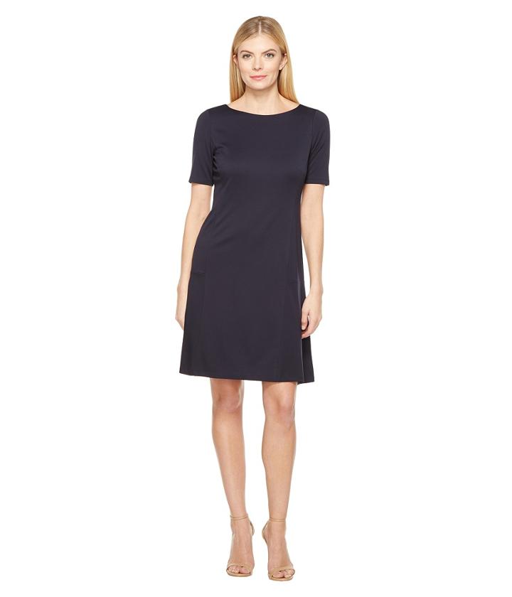 Ellen Tracy Elbow Sleeve Flounce Dress (ink Blue) Women's Dress