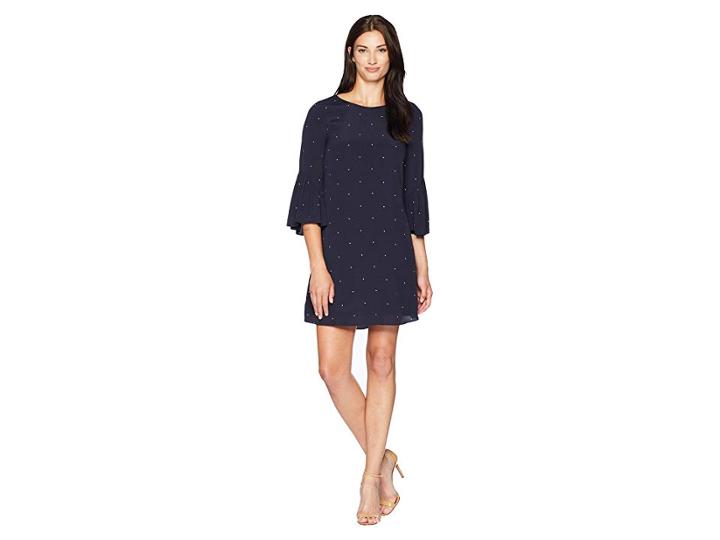 Vince Camuto Elbow Ruffle Sleeve Soho Pindot Dress (classic Navy) Women's Dress