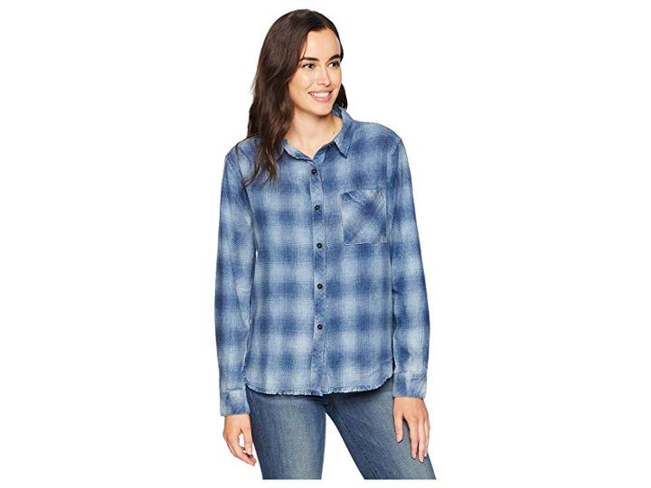 Dylan By True Grit Shadow Plaid Vintage Washed One-pocket Shirt With Fringe Hem Detail (indigo) Women's Clothing