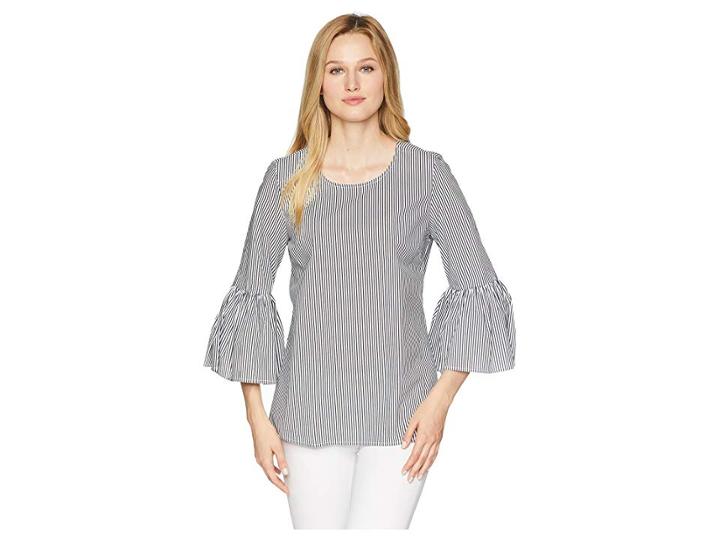 Calvin Klein Even Stripe W/ Bell Sleeve Blouse (black Stripe) Women's Blouse