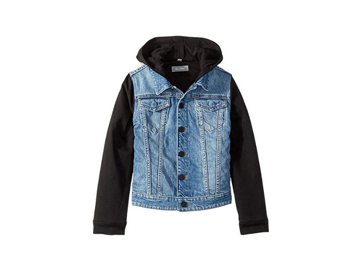 Dl1961 Kids Manning Mid Wash Denim Jacket With Black Knit Sleeves And Hood (toddler/little Kids) (woke) Girl's Coat