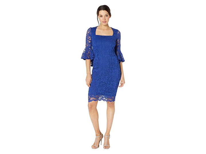 Marina Square Neck Bell Sleeve Glitter Knit Scallop Hem Short Dress (royal) Women's Clothing