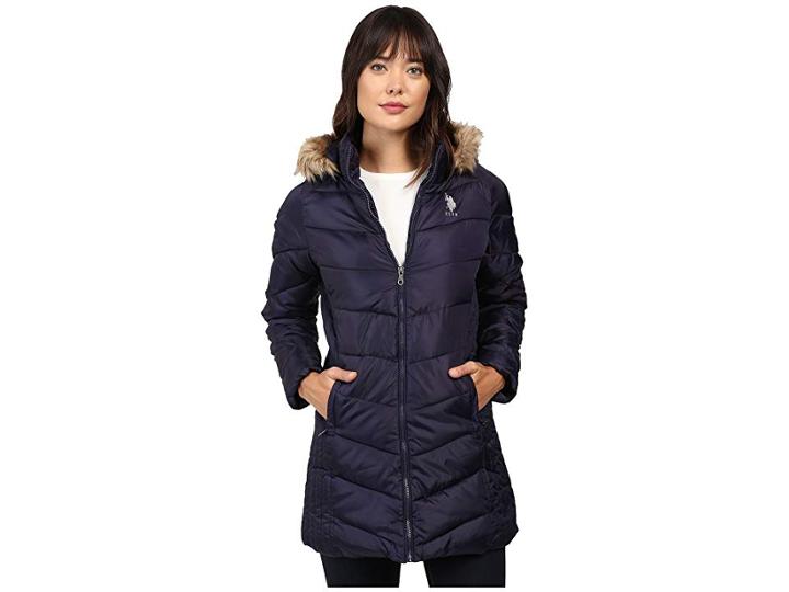 U.s. Polo Assn. Faux Fur Trimmed Parka Jacket (evening Blue) Women's Coat