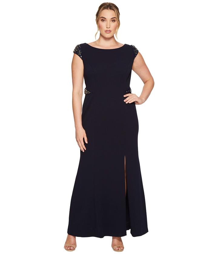 Adrianna Papell Plus Size Cap Sleeve Knit Mermaid Gown W/ Beaded Shoulder And Waist (midnight) Women's Dress