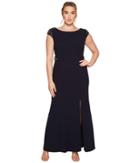 Adrianna Papell Plus Size Cap Sleeve Knit Mermaid Gown W/ Beaded Shoulder And Waist (midnight) Women's Dress