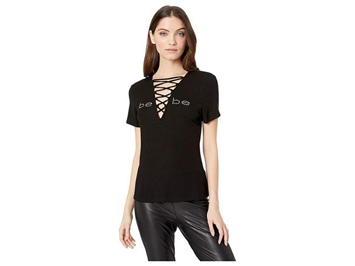 Bebe Logo Lace-up Short Sleeve Top (jet Black) Women's Blouse