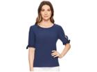 Cece Mixed Media Tie Sleeve Knit Top (naval Navy) Women's Clothing
