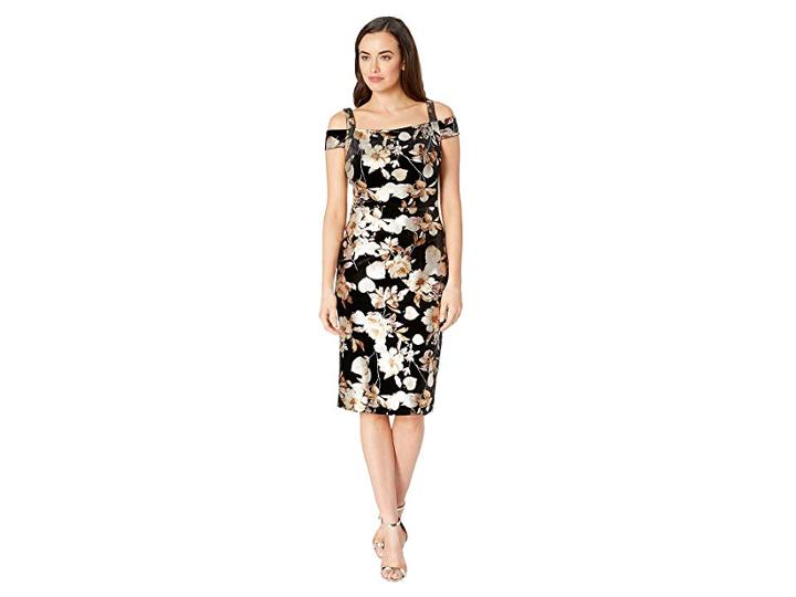 Eci Cold Shoulder Foil Velvet Sheath (black/rust) Women's Dress