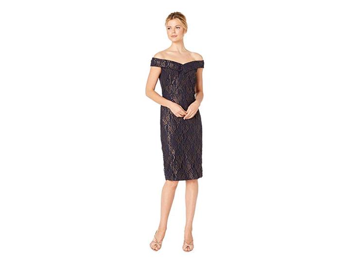 Eci Off The Shoulder Sweetheart Neck Foil Lace Sheath (navy/gold) Women's Dress