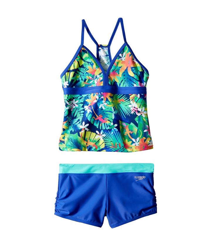 Speedo Kids Hidden Tropical Boyshorts Two-piece (big Kids) (dark Peri) Girl's Swimwear Sets