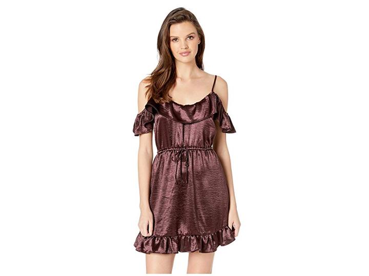 Jack By Bb Dakota Got To Be Real Textured Satin Ruffle Off Shoulder Dress (dark Fig) Women's Dress
