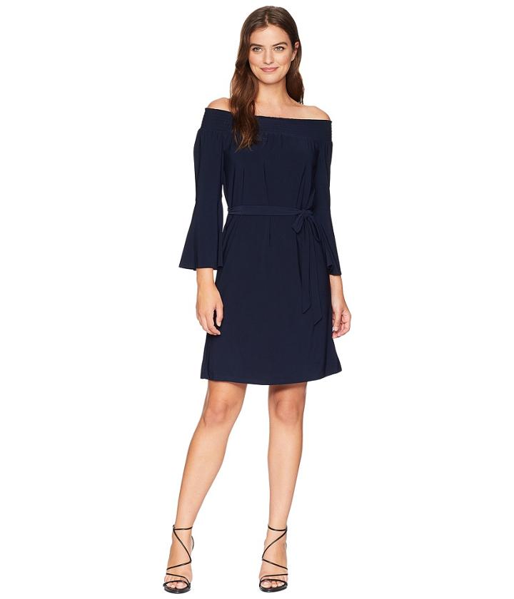 Tahari By Asl Off The Shoulder Long Bell Sleeve Shift (navy) Women's Dress