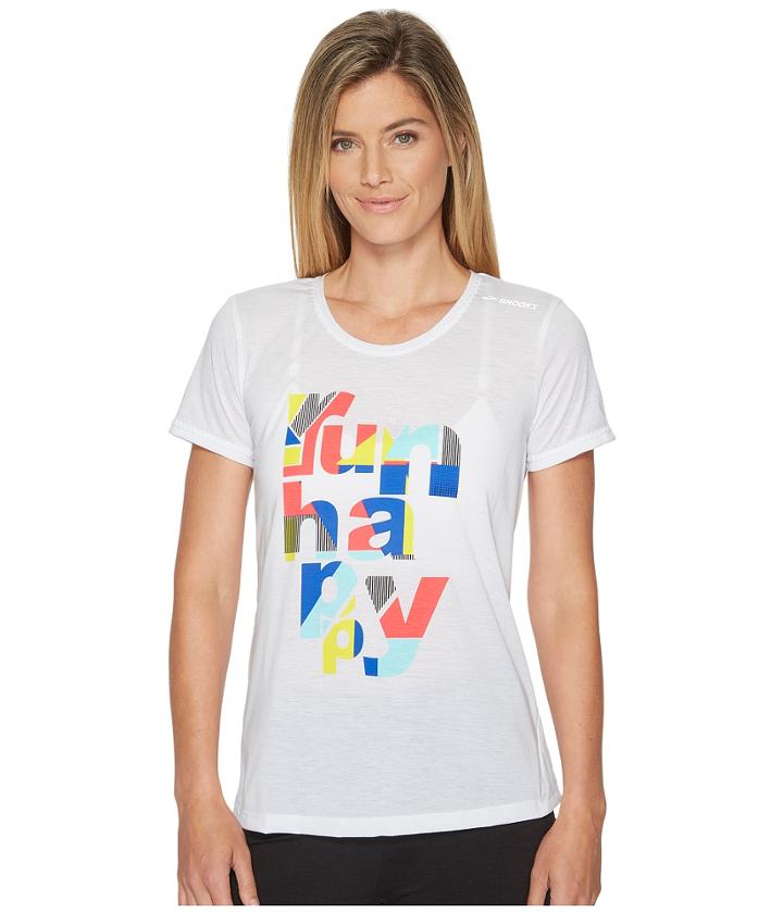 Brooks Distance Short Sleeve (white/multi Run Happy) Women's Clothing
