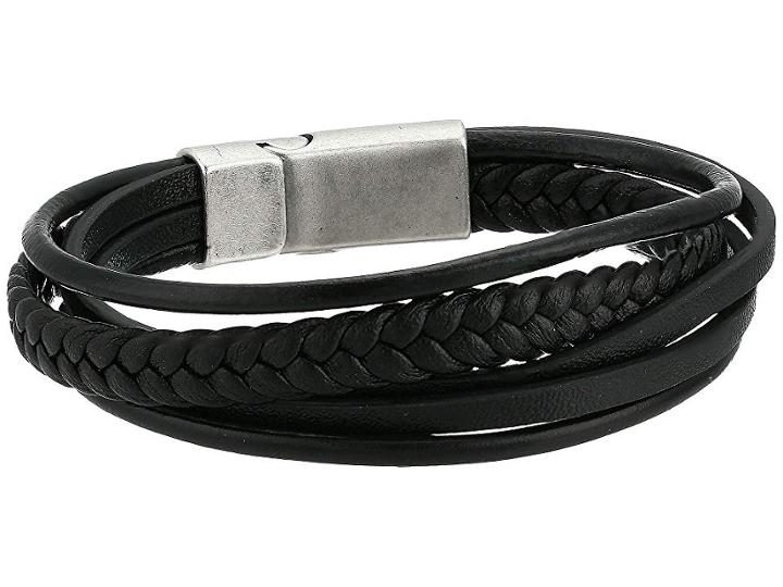 Steve Madden Faux Leather Braided Multi Strand Bracelet In Stainless Steel (black/silver) Bracelet