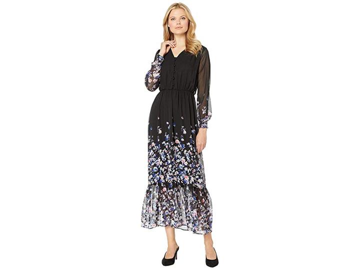 Eci Long Sleeve Floral Printed V-neck Maxi Dress (black/multi) Women's Dress