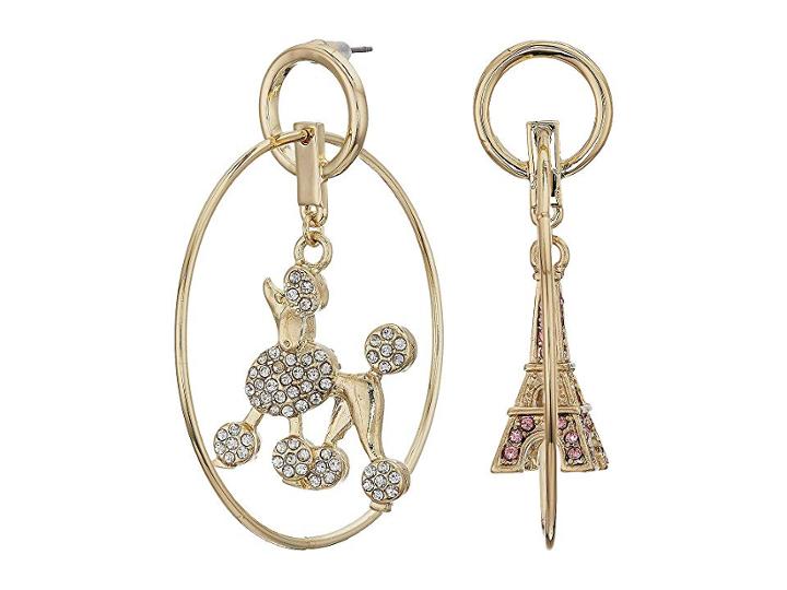Betsey Johnson Gold Tone Hoop Earrings With Poodle And Eiffel Tower Charm (pink) Earring