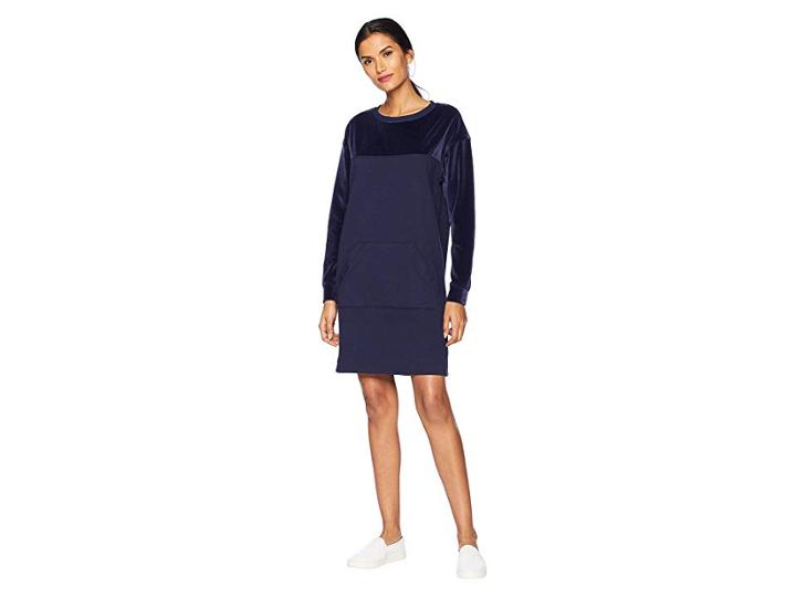 Lacoste Long Sleeve Velvet Sweater Dress (navy Blue) Women's Dress
