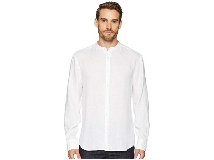 Bugatchi Shaped Fit Band Collar Linen Shirt (white) Men's Clothing