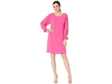 Nine West Crepe Long Sleeve Shift Dress With Smocking Detail At The Sleeve (hibiscus) Women's Dress