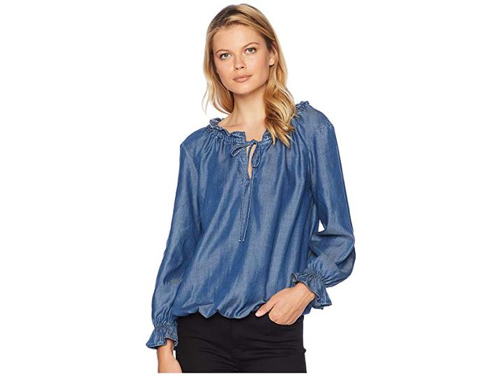Liverpool Ruffle Neck Blouse With Tie (sierra Dark) Women's Clothing