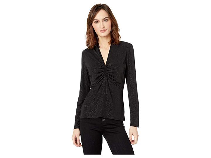 Vince Camuto Long Sleeve Cinched V-neck Sparkle Jersey Top (rich Black) Women's Clothing