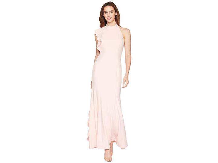 Adrianna Papell Halter Ruffle Mermaid Dress (pale Shell) Women's Dress