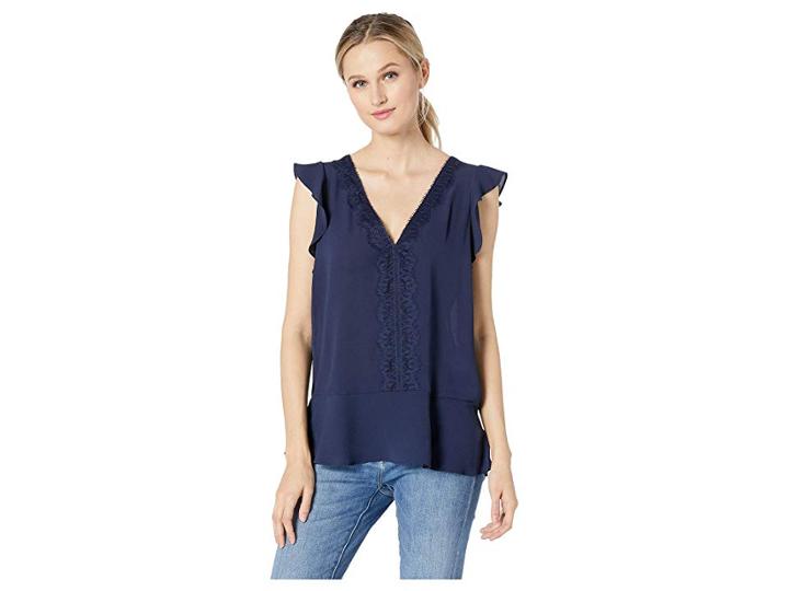 Michael Michael Kors V-neck Lace Trim Top (true Navy) Women's Clothing