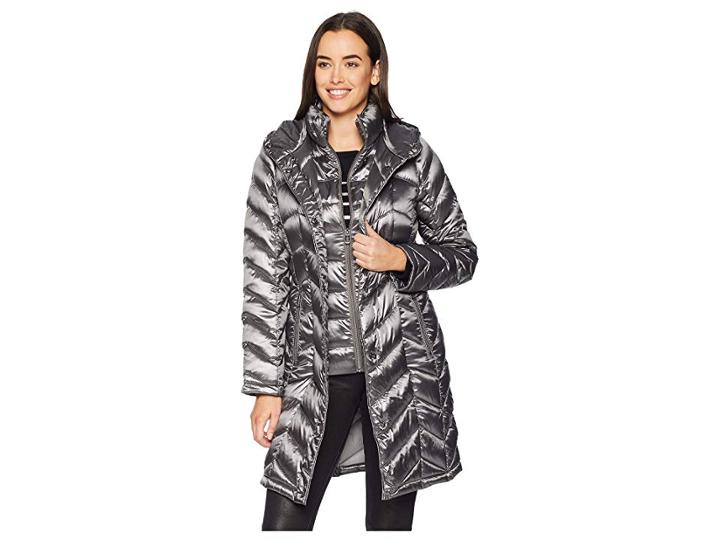 Calvin Klein Walker Length Packable With Bib Insert And Zigzag Body Pattern (shine Granite) Women's Coat