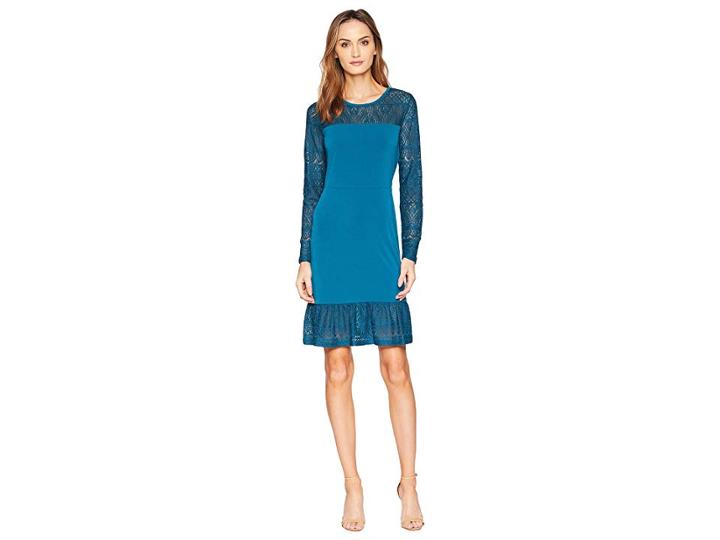 Michael Michael Kors Fabric Mix Long Sleeve Dress (luxe Teal) Women's Dress