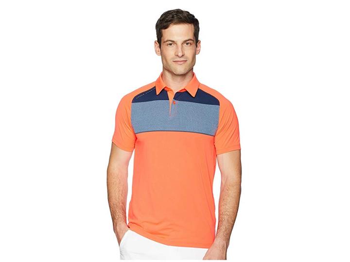 Under Armour Golf Threadborne Infinite Polo (neon Coral/bass Blue/rhino Gray) Men's Clothing