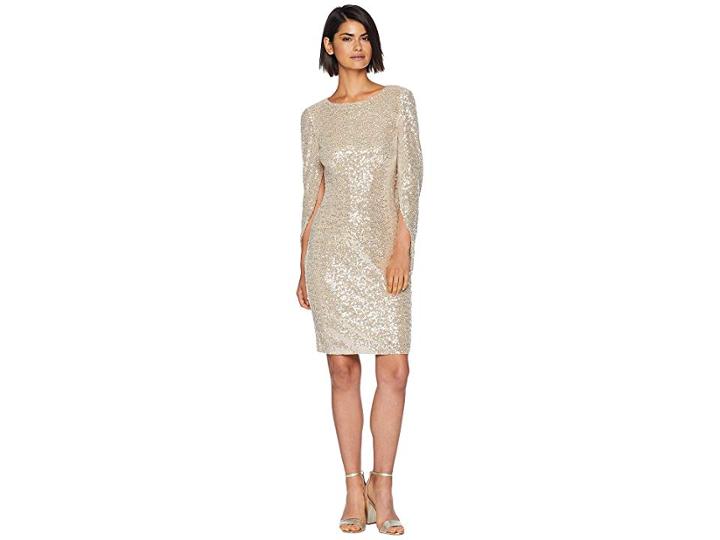 Badgley Mischka Sequins Cowl Sleeve (silver/nude/black) Women's Dress